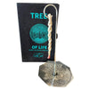 Silver tree of life incense burner with braided rope hanging from curved silver-plated stand in neutral setting