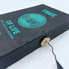 Black textured box with teal tree of life design and rope incense burner label in silver-plated holder set
