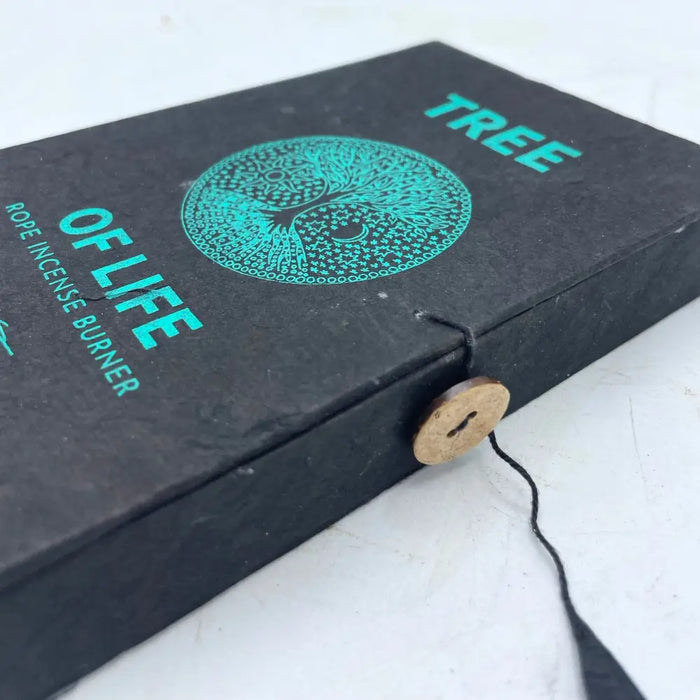 Black textured box with teal tree of life design and rope incense burner label in silver-plated holder set