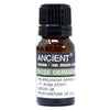 A small amber glass bottle with a black cap labeled ancient wisdom 10ml rose geranium organic essential oil