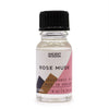 A clear glass bottle of rose musk fragrance oil with black cap and minimalist pink and brown label showing allergen declarations