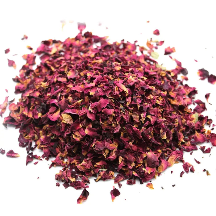 A 0.5kg pile of dried rose petals in deep burgundy and faded yellow hues with soft crinkled fragments