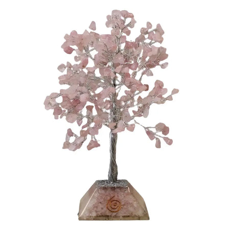 Rose quartz gemstone tree with silver metal branches and textured organite base showing 320 stones