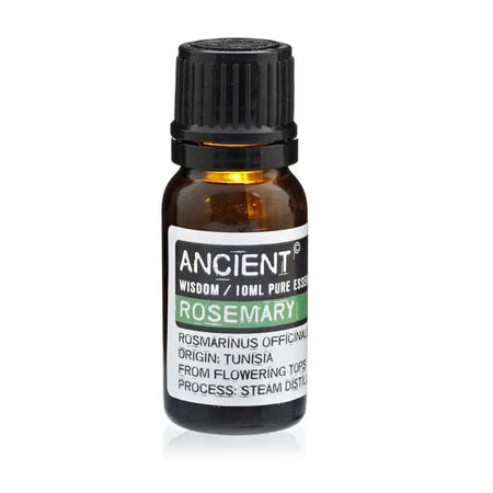 A small amber glass bottle of rosemary essential oil with black cap and white label showing flowering tops design