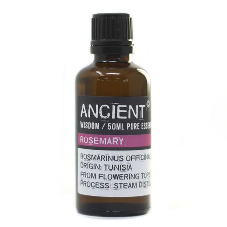 A 50ml amber glass bottle of rosemary essential oil with black ribbed cap and tunisian flowering tops label and allergen declarations