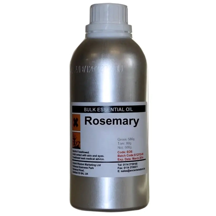 Silver metallic bottle of rosemary essential oil 500ml with white screw cap and label showing product details