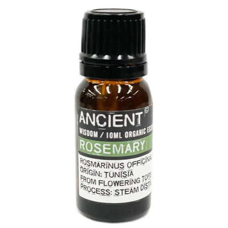 A small amber glass bottle of rosemary organic essential oil 10ml with black cap and allergen declarations label