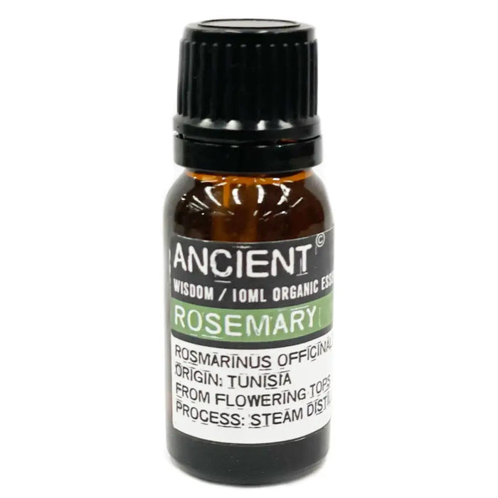A small amber glass bottle of rosemary organic essential oil 10ml with black cap and allergen declarations label