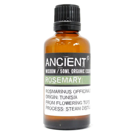 Amber glass bottle with black cap labeled ancient wisdom organic essential oil rosemary 50ml flowering tops