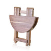 A rustic half circle wooden folding coffee table with natural teak wood finish and visible grain made from recycled wood