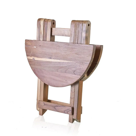 A rustic half circle wooden folding coffee table with natural teak wood finish and visible grain made from recycled wood
