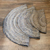 Handwoven semi circular rug with concentric natural jute and gray recycled denim rings 150cm diameter