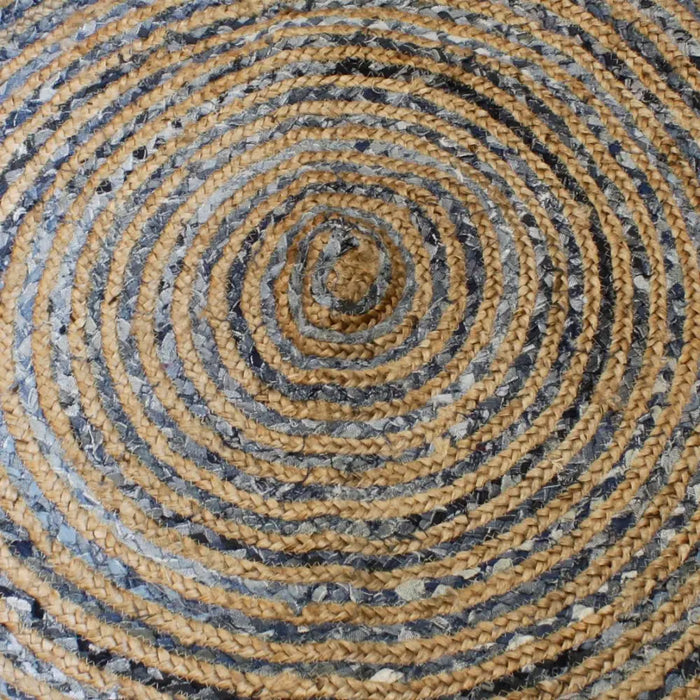 Round jute and recycle denim rug with 150cm diameter featuring concentric rings of tan and dark gray jute fibers