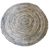 Round jute and recycle denim rug with 150cm diameter featuring natural jute and faded blue denim concentric rings