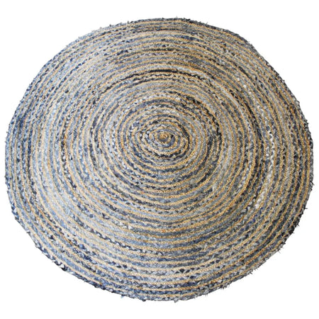 Round jute and recycle denim rug with 150cm diameter featuring natural jute and faded blue denim concentric rings