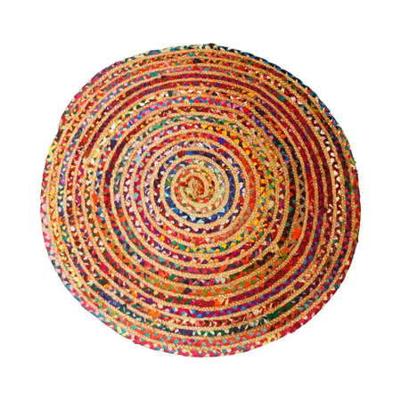 Round jute and recycled cotton rug with multicolored woven fabric strips in concentric spirals 90cm diameter