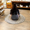 Round 120cm jute rug with recycled denim in beige and gray textured natural fiber weave