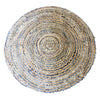 Round woven rug with concentric rings of natural jute and faded denim fabric in 120cm size