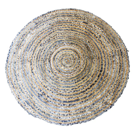 Round woven rug with concentric rings of natural jute and faded denim fabric in 120cm size