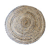Round woven rug 90cm with concentric rings of beige gray and black fibers made of jute and recycled denim