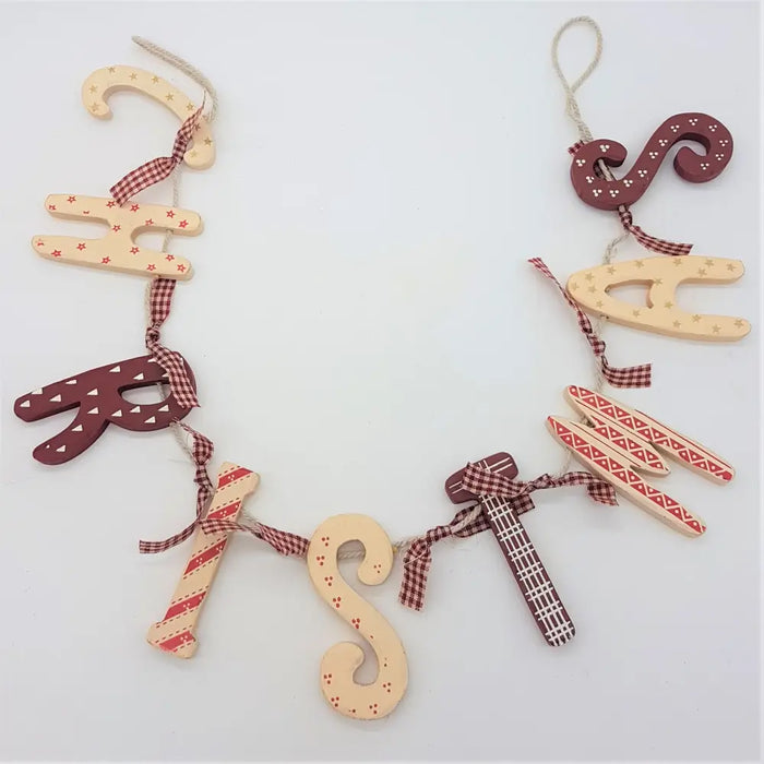 A rustic wooden christmas wall hanging with cream and maroon painted letters and red white gingham ribbons