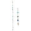 Two rustic sea glass hanging mobiles with blue and green sea glass, shells, and driftwood pieces on strings