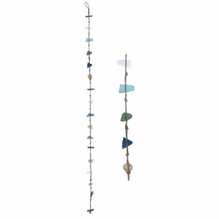 Two rustic sea glass hanging mobiles with teal green and blue glass fragments on thin wire for decoration