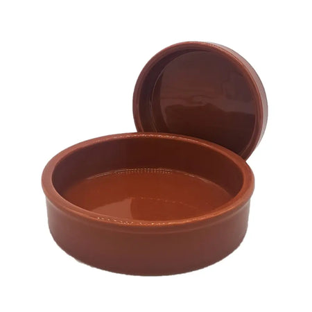 Rustic tapas dish in terracotta ceramic with matching lid glossy finish two sizes 2cm high round with raised rim