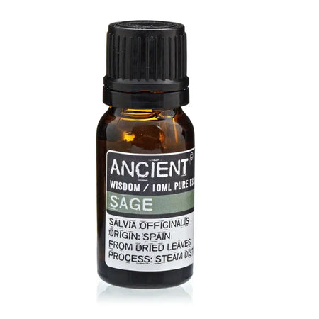 A small amber glass bottle with black cap labeled ancient wisdom sage essential oil for fungal infections and skin diseases