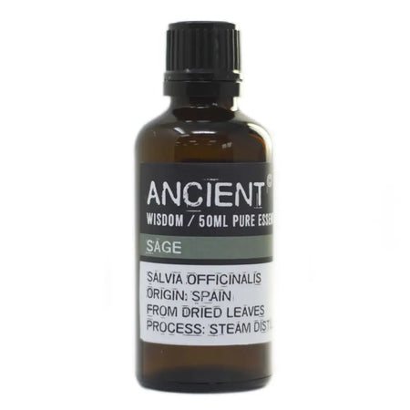 A dark amber glass bottle of sage essential oil 50ml with a black cap and allergen declarations from spain