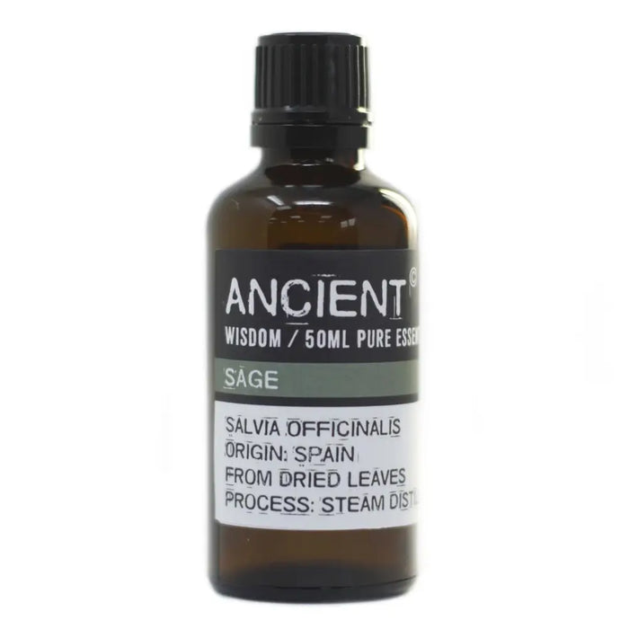 A dark amber glass bottle of sage essential oil 50ml with a black cap and allergen declarations from spain