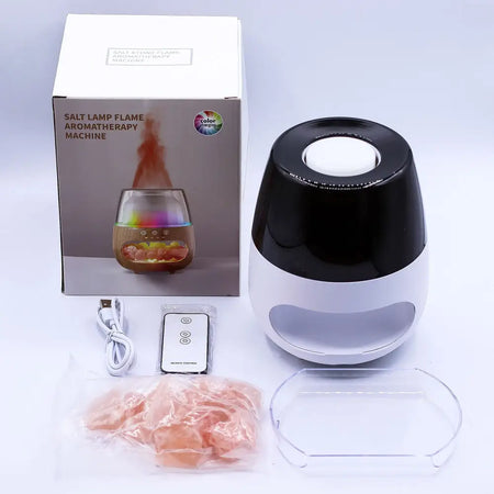 Black and white salt lamp flame aroma diffuser with sleek design USB colour change and quiet ultrasonic timer features