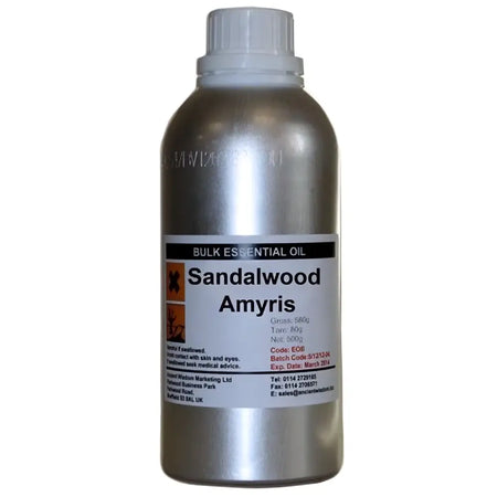 Silver metallic bottle of sandalwood amyris essential oil for mental clarity in bulk 500ml size