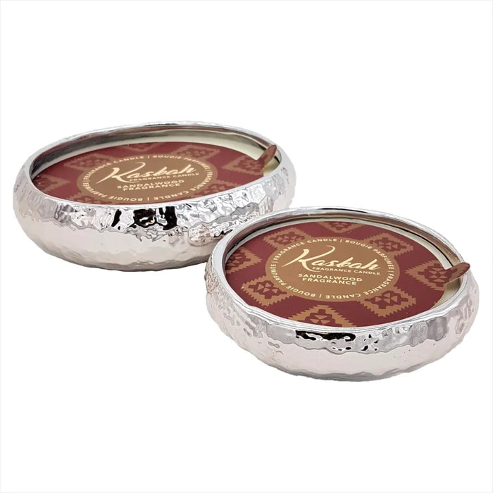 Silver hammered metal sandalwood scented kasbah candle holders with brown lids available in two sizes