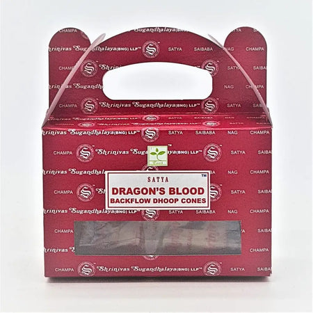 Red cardboard box with bear ear handles showing satya backflow dhoop incense cones satta dragon blood label