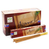 Satya incense sticks ajaro in a reddish brown box with peacock feather design and light brown wooden textured sticks