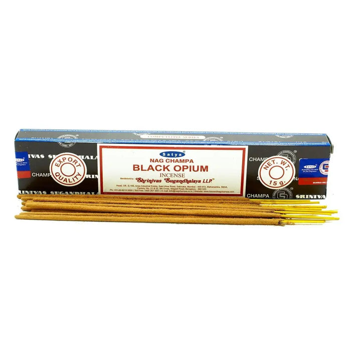 A box of satya incense sticks black opium with black and blue packaging and gold incense sticks showing from the front