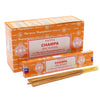 Orange cardboard box of satya incense sticks champa with white label red text 15g net weight per pack