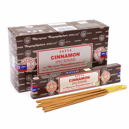 Satya incense sticks in a brown and white box with cinnamon scent and natural incense stick material