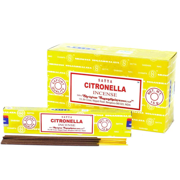 Yellow cardboard box of satya incense sticks with citronella scent for natural insect repellent use