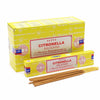 Bright yellow cardboard box of satya incense sticks citronella with red and white labeling for aromatic use
