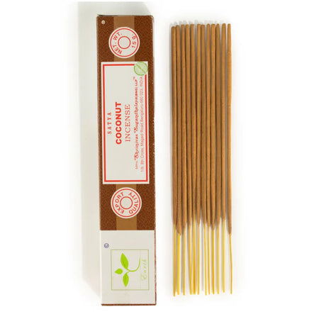A box of Satya incense sticks in brown and white packaging with red text and green leaf logo featuring coconut scent