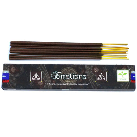 A box of Satya incense sticks showing dark brown sticks with golden tips and black packaging with meditative symbols