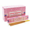 Pink cardboard box of satya incense sticks featuring exotic romance scent in simple packaging design