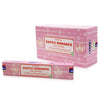 Pink rectangular box of satya incense sticks labeled exotic romance made from natural aromatic materials