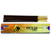 A pack of satya incense sticks with dark brown sticks and gold tips next to a gold-themed box and background