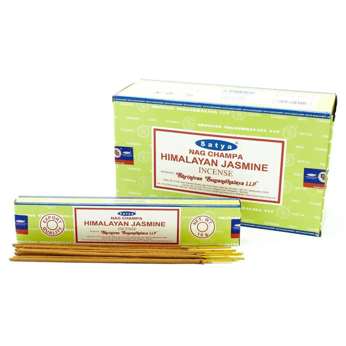 Satya incense sticks in a light green and white box with red lettering featuring himalayan jasmine scent