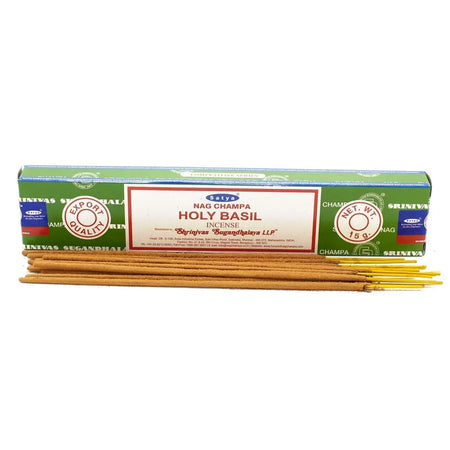 A box of satya incense sticks holy basil with green and blue packaging and gold-tipped wooden sticks