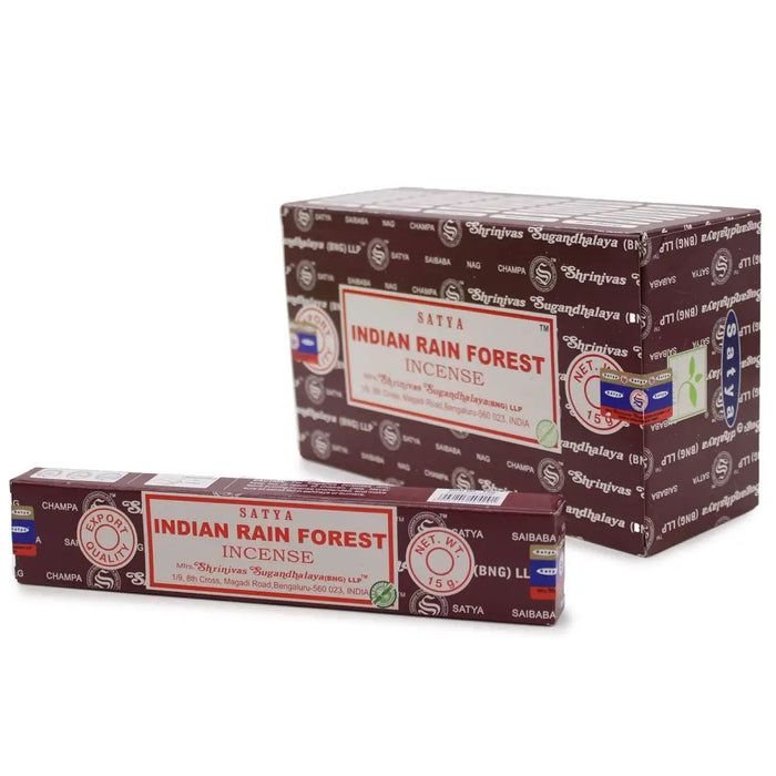 Brown cardboard box of satya incense sticks with indian rain forest scent made from natural materials