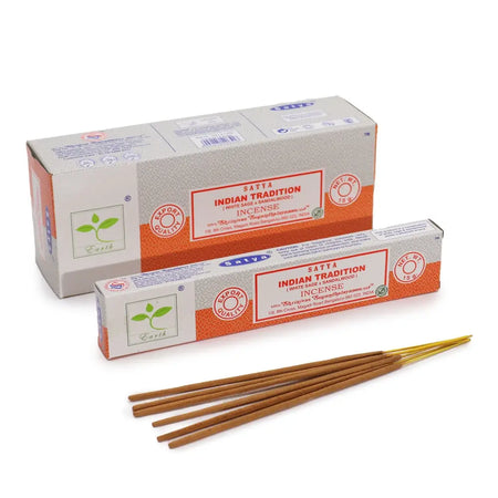 Orange and white packaged satya incense sticks with natural brown wooden sticks for indian tradition white sage sandalwood scent